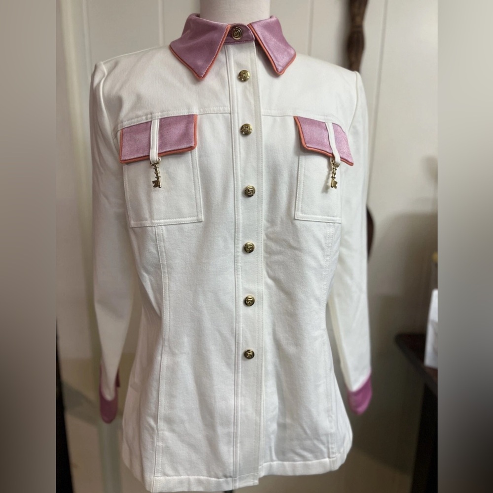 St. John Sport By Marie Gray White Jacket Coat Blazer Pink Trim Gold Buttons MED